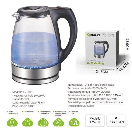 1.7L BOLLITORE DI VETRO BOROSILICATO FY-788