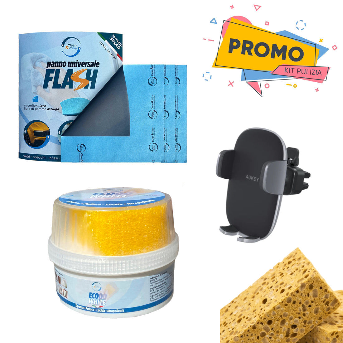 Kit Pulizia Auto! Ecooo White + Panno Flash + Spugna professionale + Porta cellulare